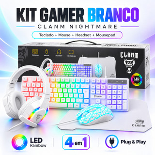 Kit Gamer Branco Clanm Nightmare Snow Fone Teclado Mouse Mousepad Led Rainbow