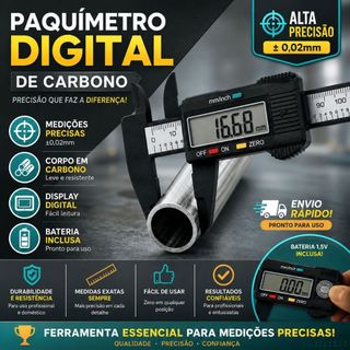 Paquímetro Digital Em Carbono 150mm com Bateria Inclusa Medidor de Precisão