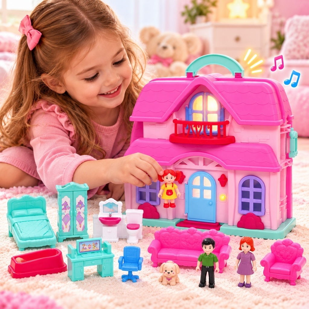 Casa Boneca Infantil Maleta Luz Som Móveis Acessórios Portátil Brinquedo Casinha