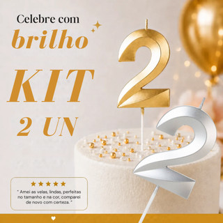 2 Vela de Aniversário Numero Bolo Prata Dourada Perolizada