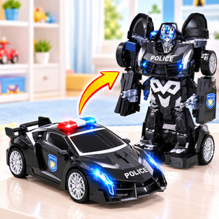 Carro Vira Robo 2 Em 1 Carrinho Polícia Brinquedo Menino Transformers Automático A Pilha Musical