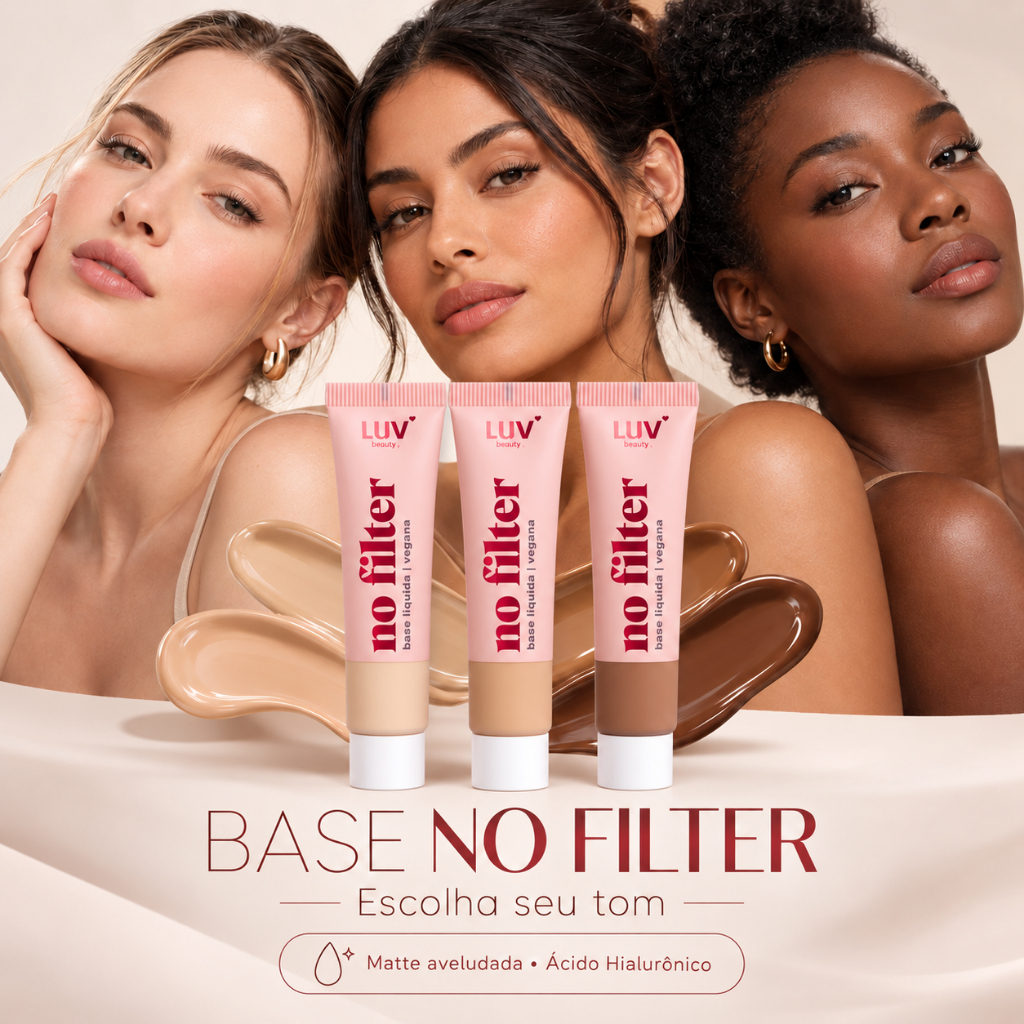 Base No Filter Luv Beauty 30g | 8 Tons, Matte Aveludada, Média/Alta Cobertura e Ácido Hialurônico