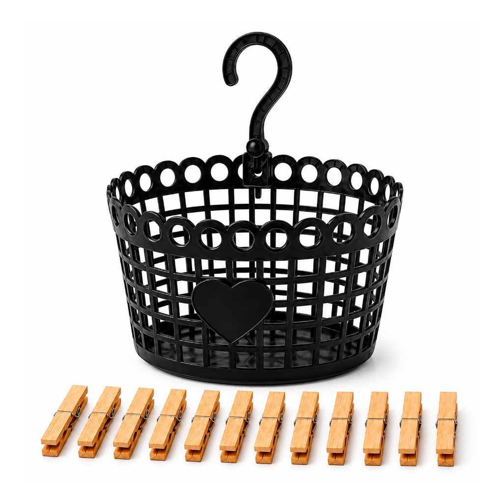Kit Lavanderia 13 Peças Cesto Porta-Pregadores + 12 Prendedores de Madeira