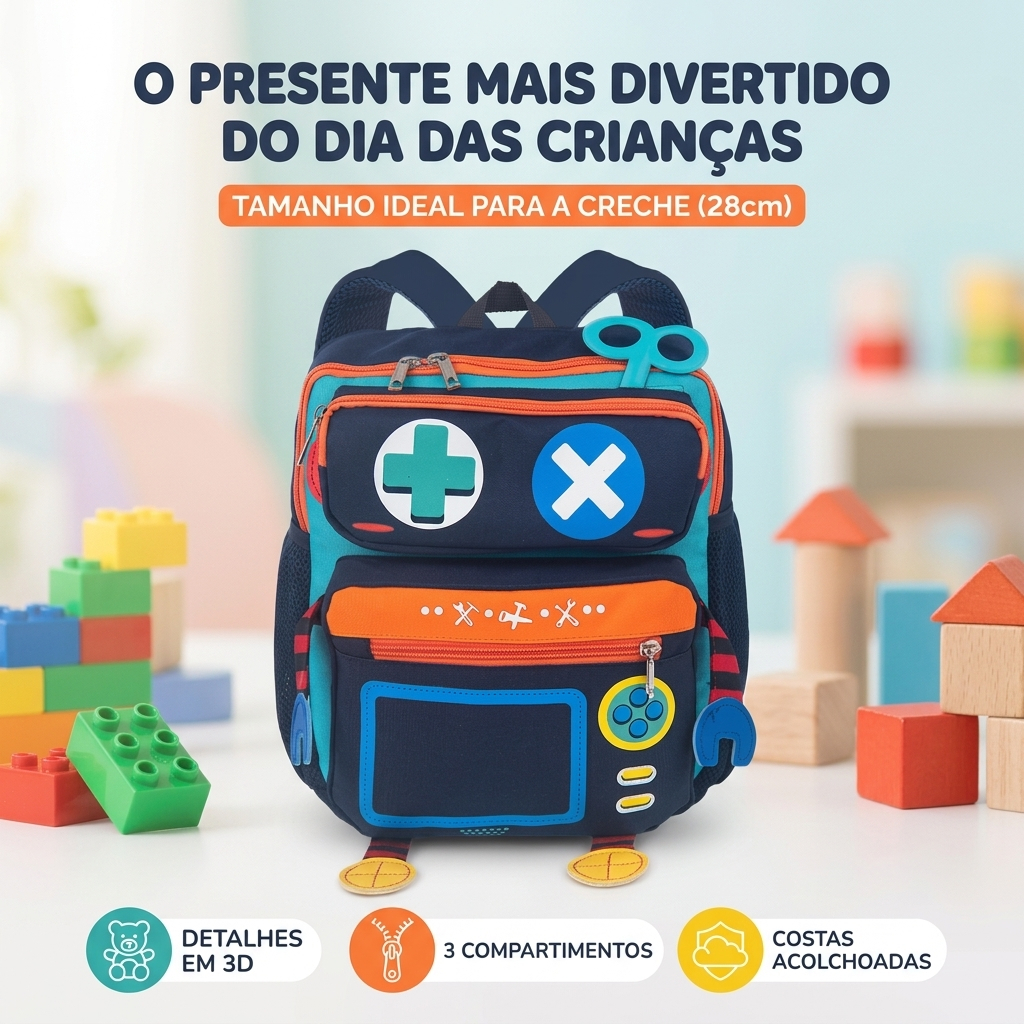 Mochila Infantil Escolar 3D Creche Menino Menina Com Braços E Pernas 28cm