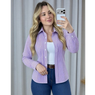 Camisa Feminina Listrada 100% Algodão Manga Longa Social Casual Elegante Moda Feminina Camisa de Botões Blusa Feminina