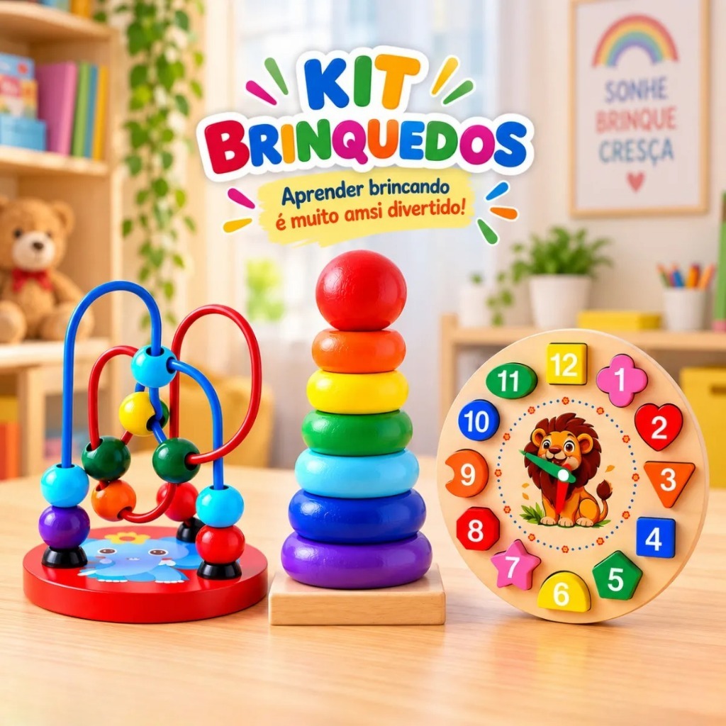Kit Brinquedos Pedagogicos Madeira Montessori Infantil Educativo 3pçs