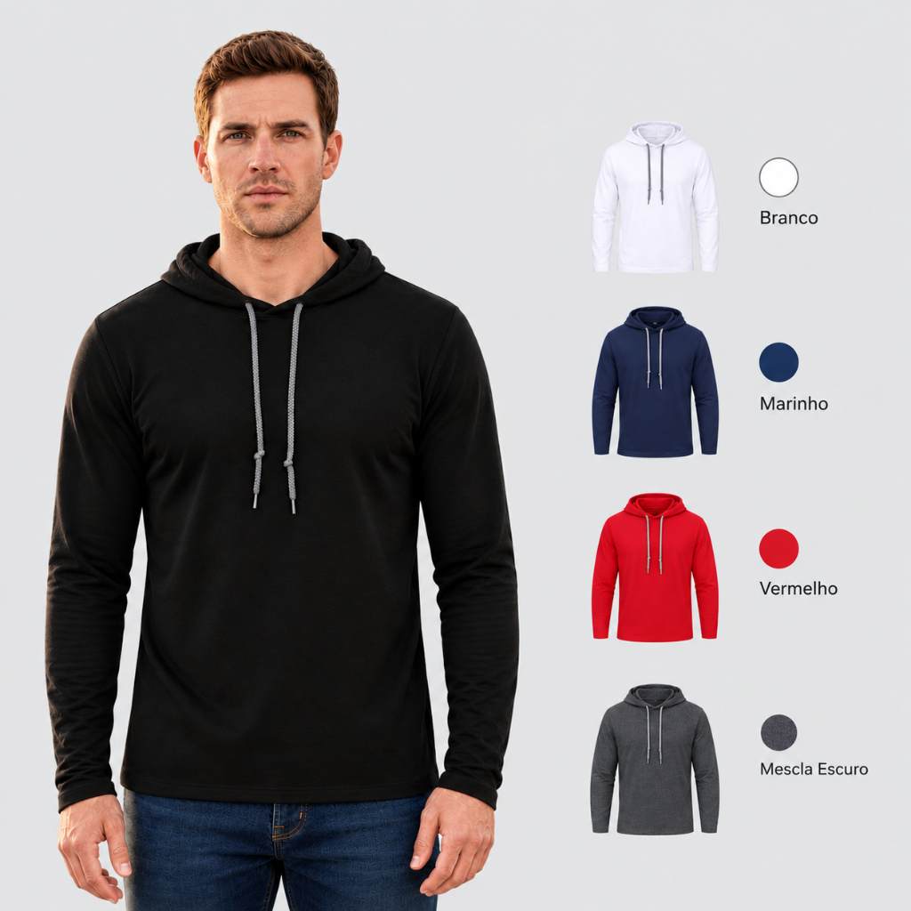 Camiseta Manga Longa Masculina Algodão com Capuz e Cordão Diversas Cores