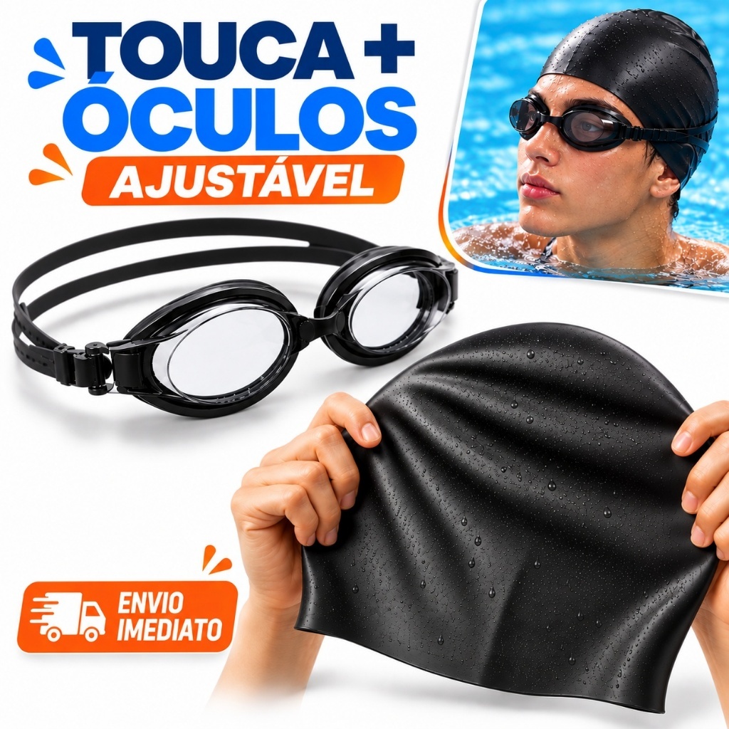 Kit Natação Óculos + Touca Silicone Premium: Jovem e Adulto - Piscina Hidroginástica Ajustável