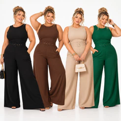 Macacão Plus Size Pantalona Feminino Longo com Cinto ajustavel Festa Social Elegante Alfaiataria G1+