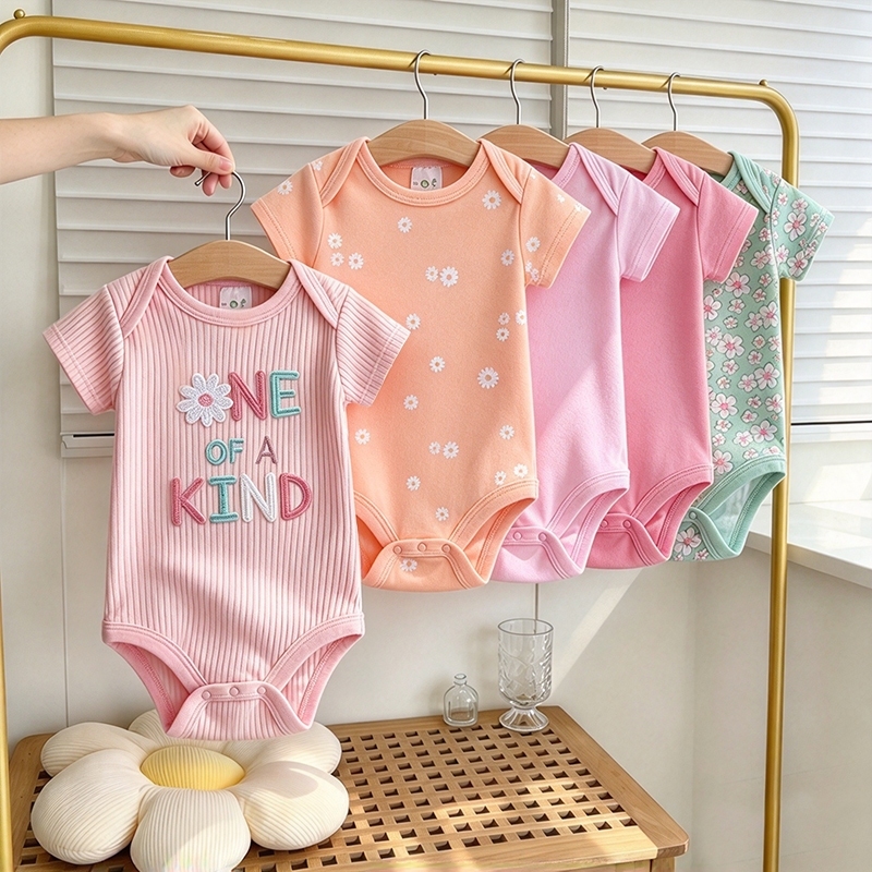 Conjunto de 5 peças de macacão para bebê algodão diversas cores disponíveis série de letras cor-de-rosa