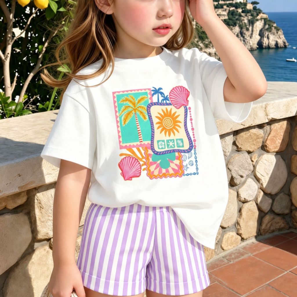 Conjunto Infantil Meninas De Calor Estampado Camiseta Verão Tropical Shorts Bermudinha Feminino
