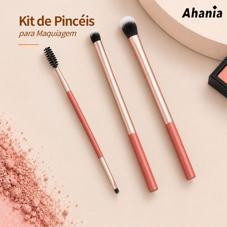 Kit de 3 Peças para Maquiagem, com 2 Pincéis para Esfumar, Detalhe e Delinear e Escova para Sobrancelha e Cílios