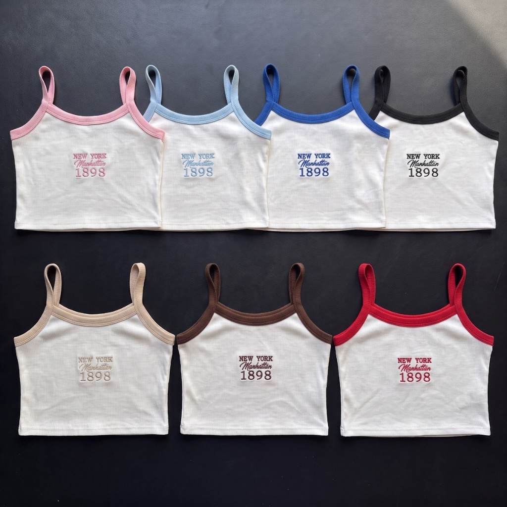 Cropped Canelado New York Bordado Regata Alcinha Feminina Blusinha Básica Estilosa Moda Gringa Tendência Verão