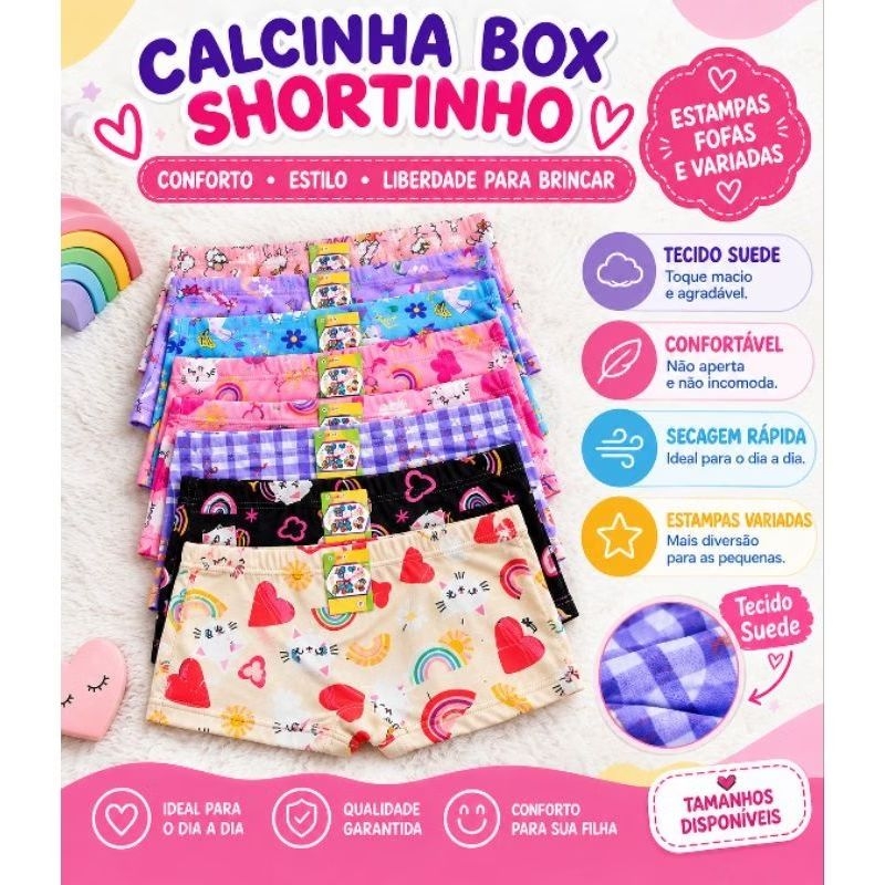 Kit 3 Calcinhas Box Shortinho Infantil Feminina Menina em Suede Estampada Confortável