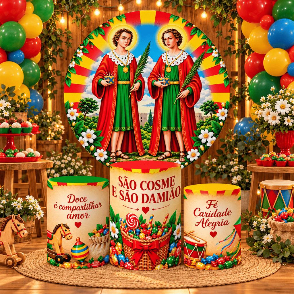 Kit São Cosme e São Damião Painel Redondo + Capas Cilindros Festa Decoração