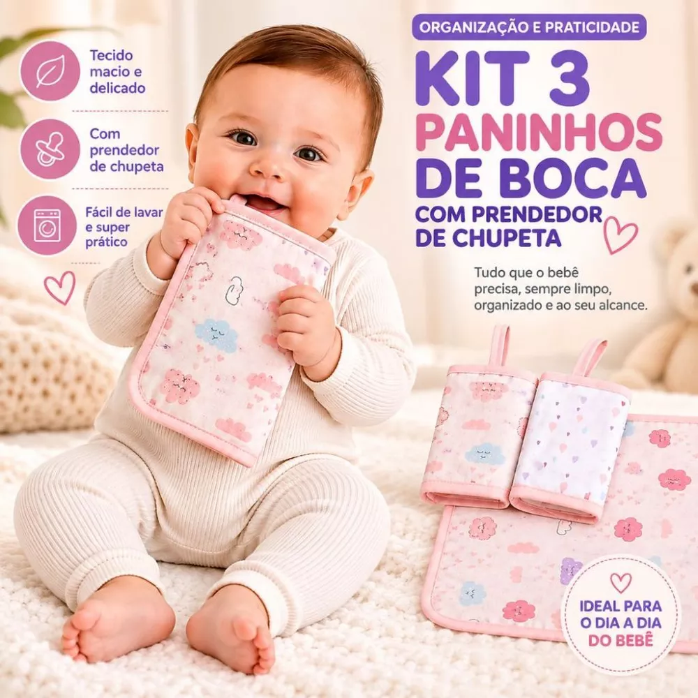 KIT PANINHO DE BOCA BEBE PAPI MALHAS COM PRENDEDOR DE CHUPETA ESTAMPADO 28cm x 28cm COM 03 UNIDADES