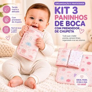 KIT PANINHO DE BOCA BEBE PAPI MALHAS COM PRENDEDOR DE CHUPETA ESTAMPADO 28cm x 28cm COM  03 UNIDADES