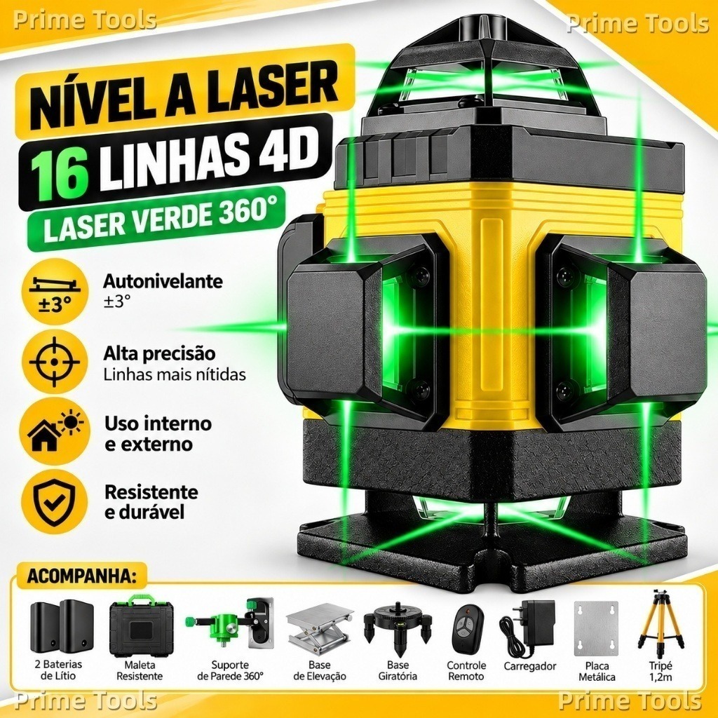 Nível a Laser 4D 16 Linhas Verde 360° Profissional Autonivelante com Suporte Alta Precisão