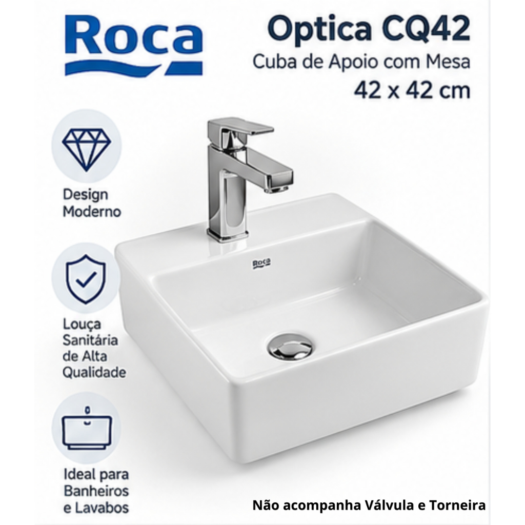 Imagem Cuba de Apoio 42x42 de Porcelana Marca Roca Modelo Optica com Mesa Branca Quadrada Banheiro Lavabo