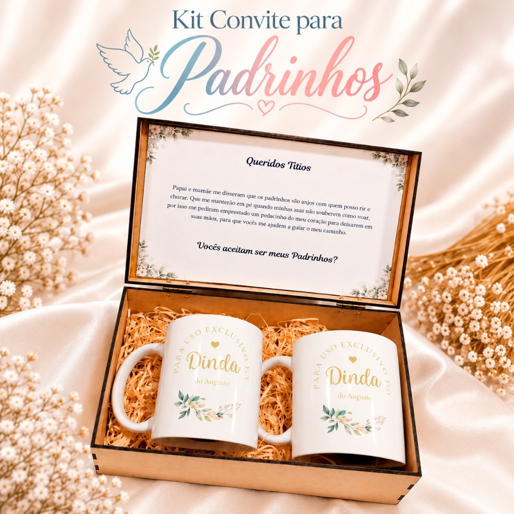 Kit Convite Personalizado para Padrinhos de Batismo com Canecas 325ml e Caixa MDF