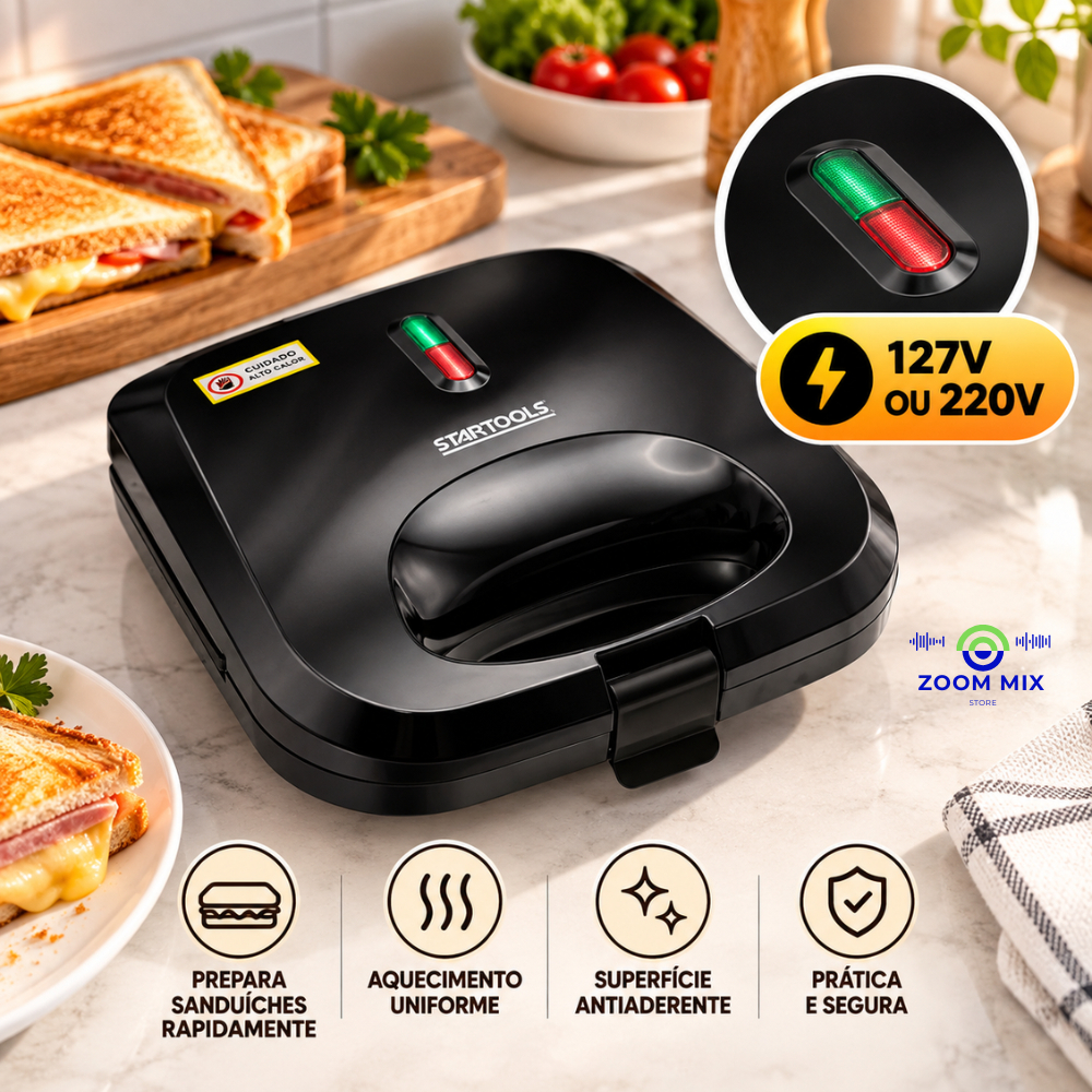 Sanduicheira Elétrica e Grill Antiaderente 2 Em 1 Com Prensa Dupla 750W 127V ou 220V