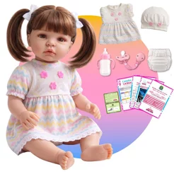 Boneca Reborn Bebê Realista em Silicone com Vestido Listrado Bolsa Maternidade