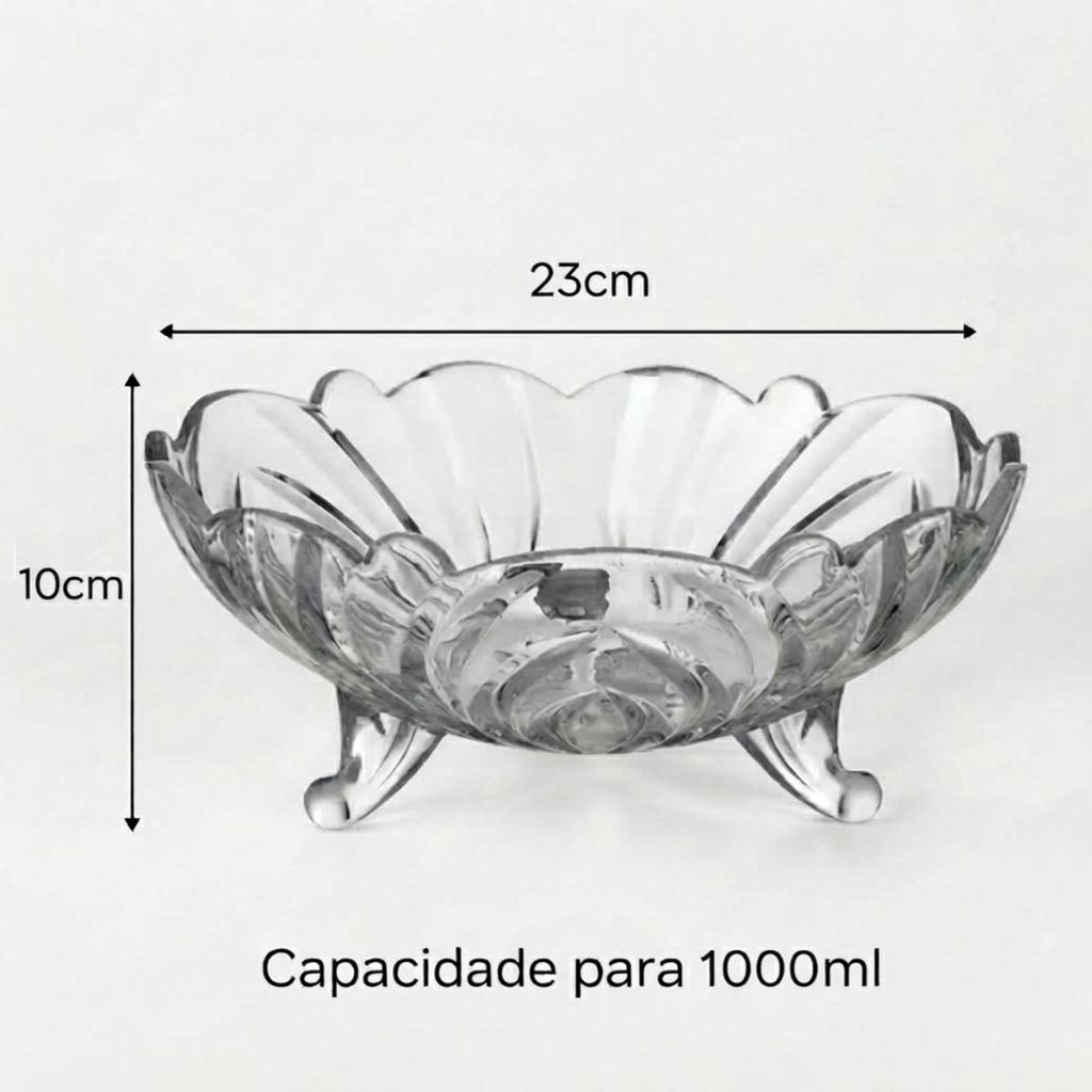 Fruteira Saladeira de Vidro com Pés Centro de Mesa Escolha o tamanho 1000ml ou 800ml