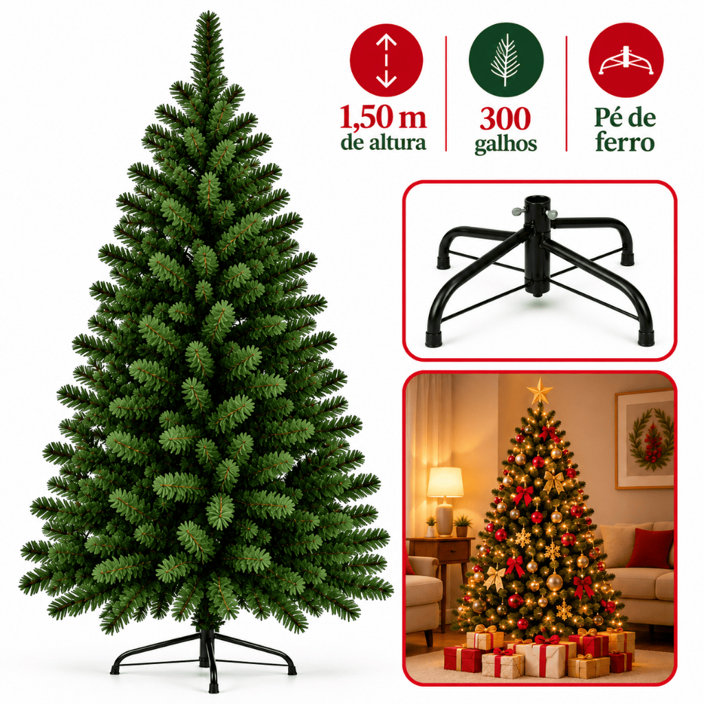 Árvore Natal1,5m 300 Galhos Pé Ferro Pinheiro  Cheia Festa Luxo Verde Natalina Tradicional