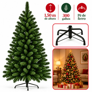 Árvore Natal1,5m 300 Galhos Pé Ferro Pinheiro  Cheia Festa Luxo Verde Natalina Tradicional