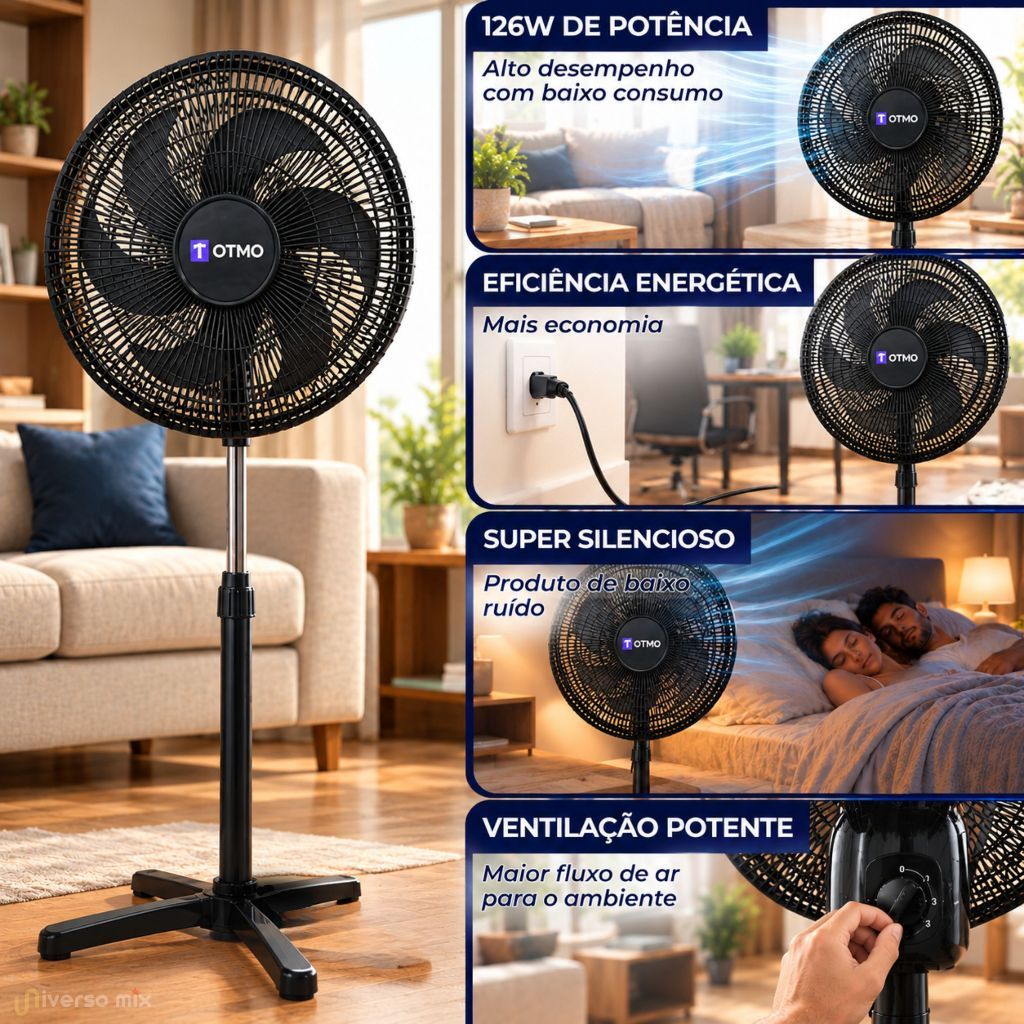 Kit 2 Ventiladores Coluna 127V Turbo 40cm 6 Pás 3 Velocidades Portátil Inclinável 126W OTMO — imagem 2 de 2