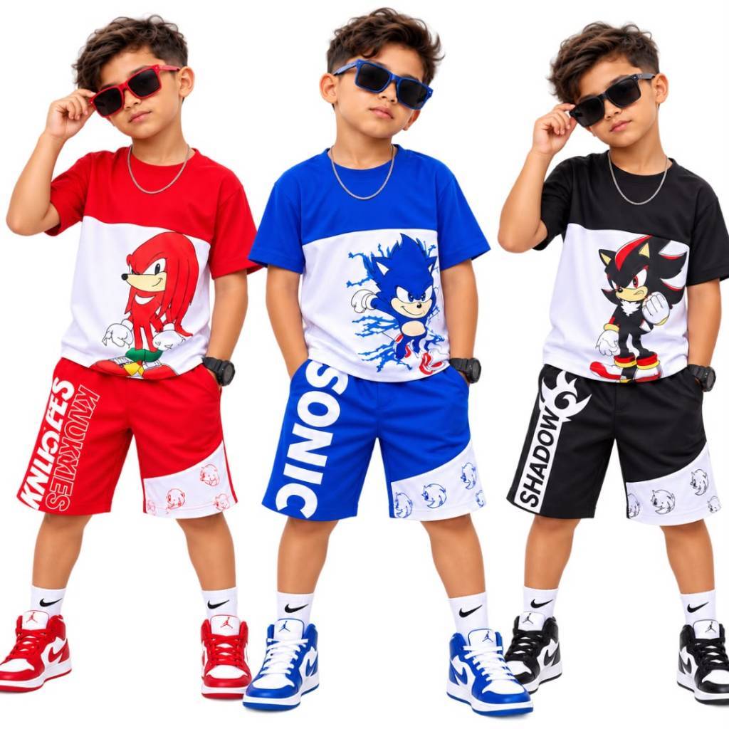 Roupa Infantil Menino Do Sonic Personagens Dry Fit Camisa E Short Kit Duas Peças Verão