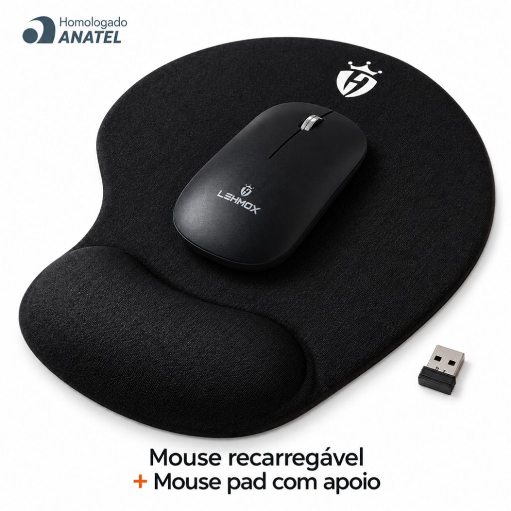 Kit Mouse Sem Fio Bluetooth Recarregável Silencioso + Mouse Pad Ergonômico com Apoio de Punho
