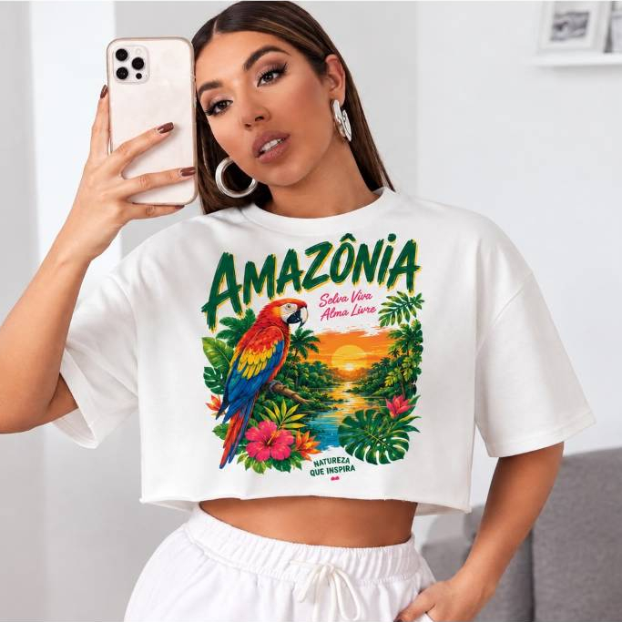 Cropped Feminino Oversized Estampada Soltinha Confortável 100% Algodão Tropical Tendência
