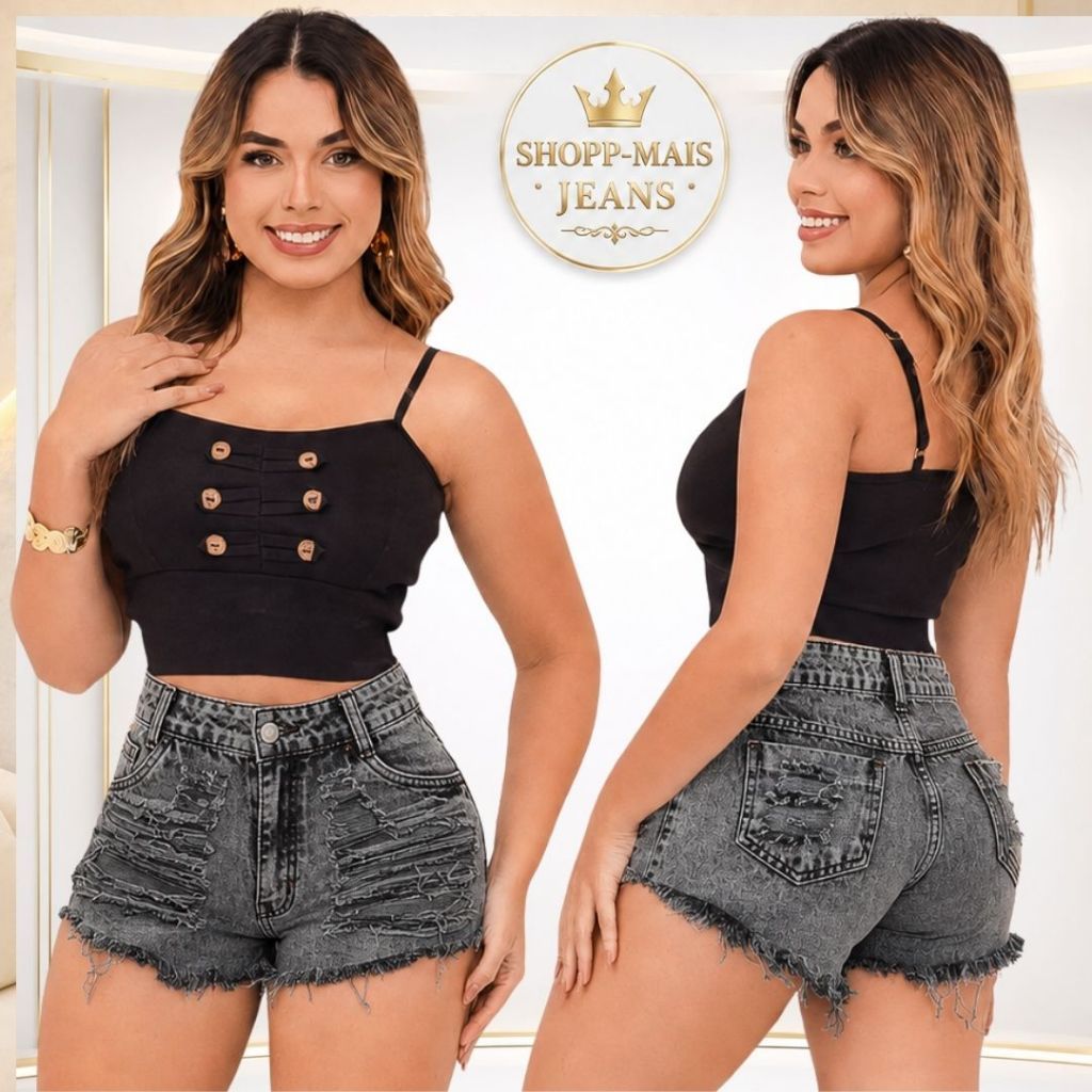 Short Jeans Feminino Detonado Desfiado Cintura Alta Com Forro