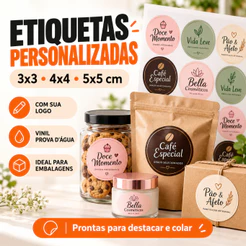 Etiquetas Personalizadas com Sua Logo | Adesivos 3x3 4x4 5x5 cm | Vinil Prova d’Água