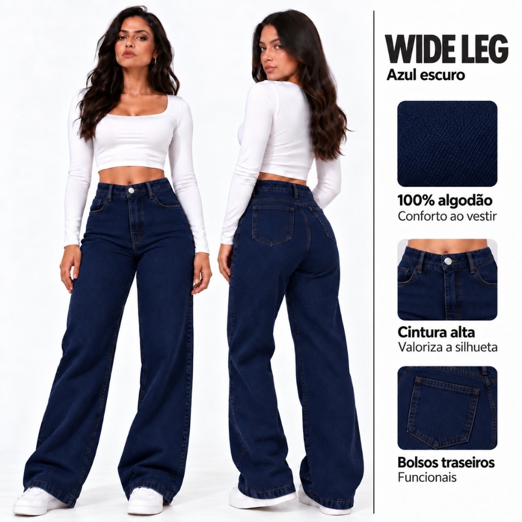Calça Jeans Feminina Wide Leg Marmorizada Preta Cintura Alta Pantalona Boca Larga 100% Algodão