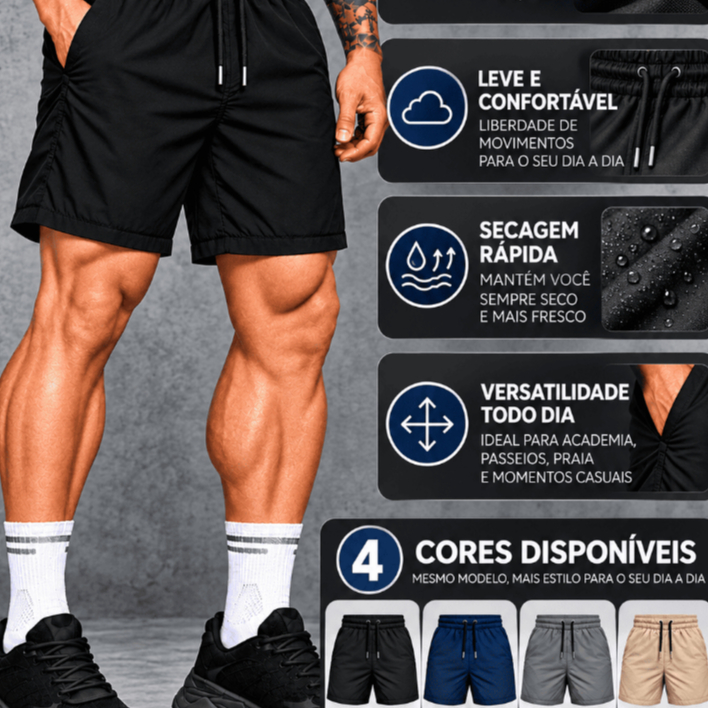 Short Masculino Academia Tactel Elastano Corrida Treino Praia Piscina Bolso Telado