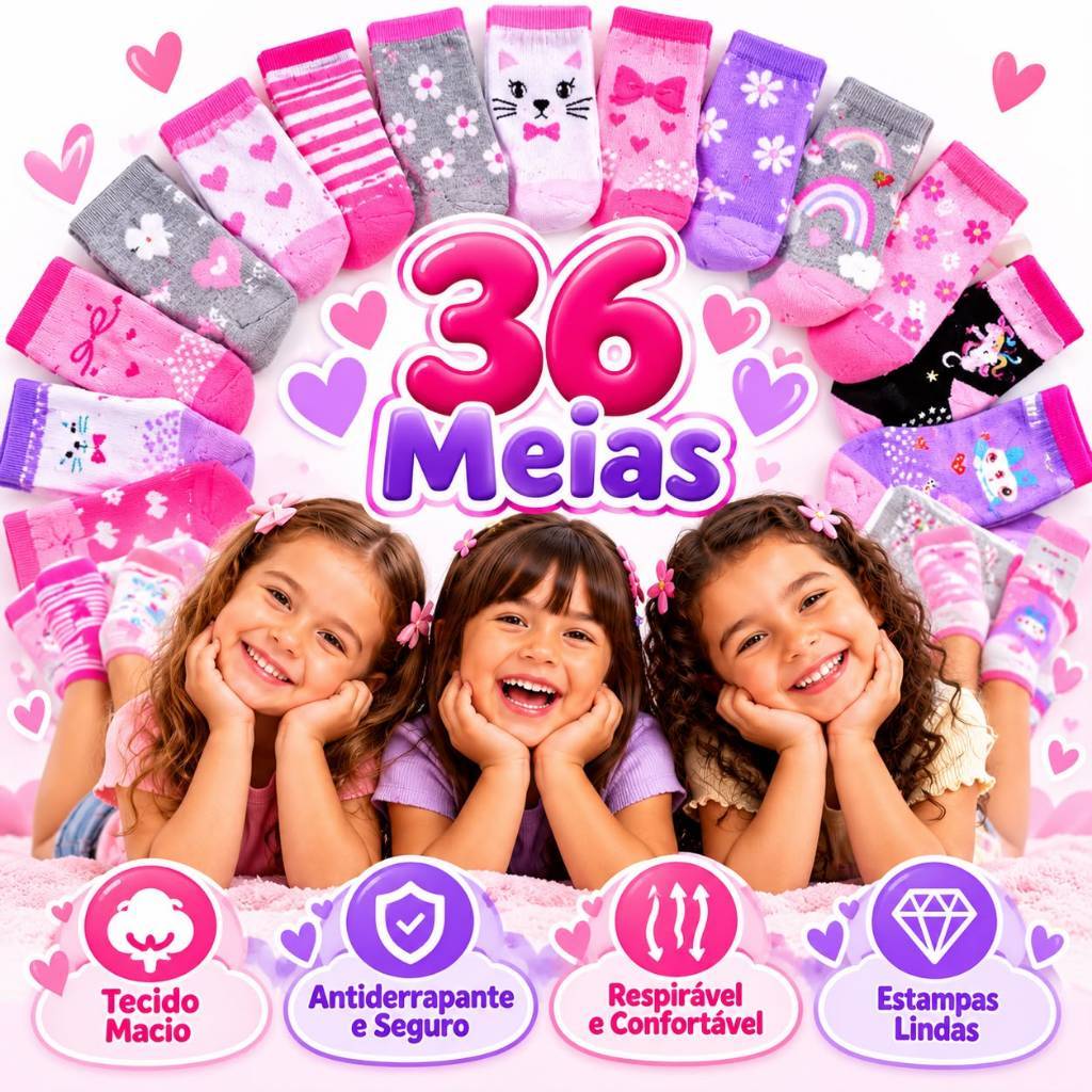 Kit Meias Infantil 3 a 18 Pares Antiderrapante Feminina Menina Criança 0 a 10 Anos Escola e Brincar