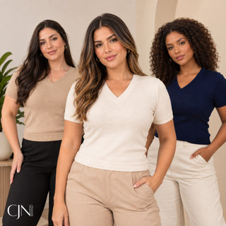 Blusa Feminina Manga Curta Decote V Básica Confortável Tecido Premium