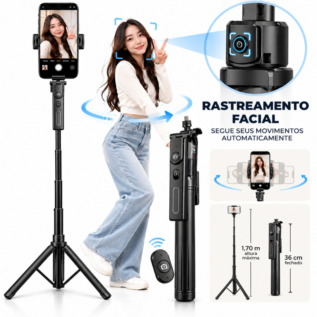 Tripé para Celular 1,90m Rastreamento Facial 360° Bastão Selfie Bluetooth com Controle