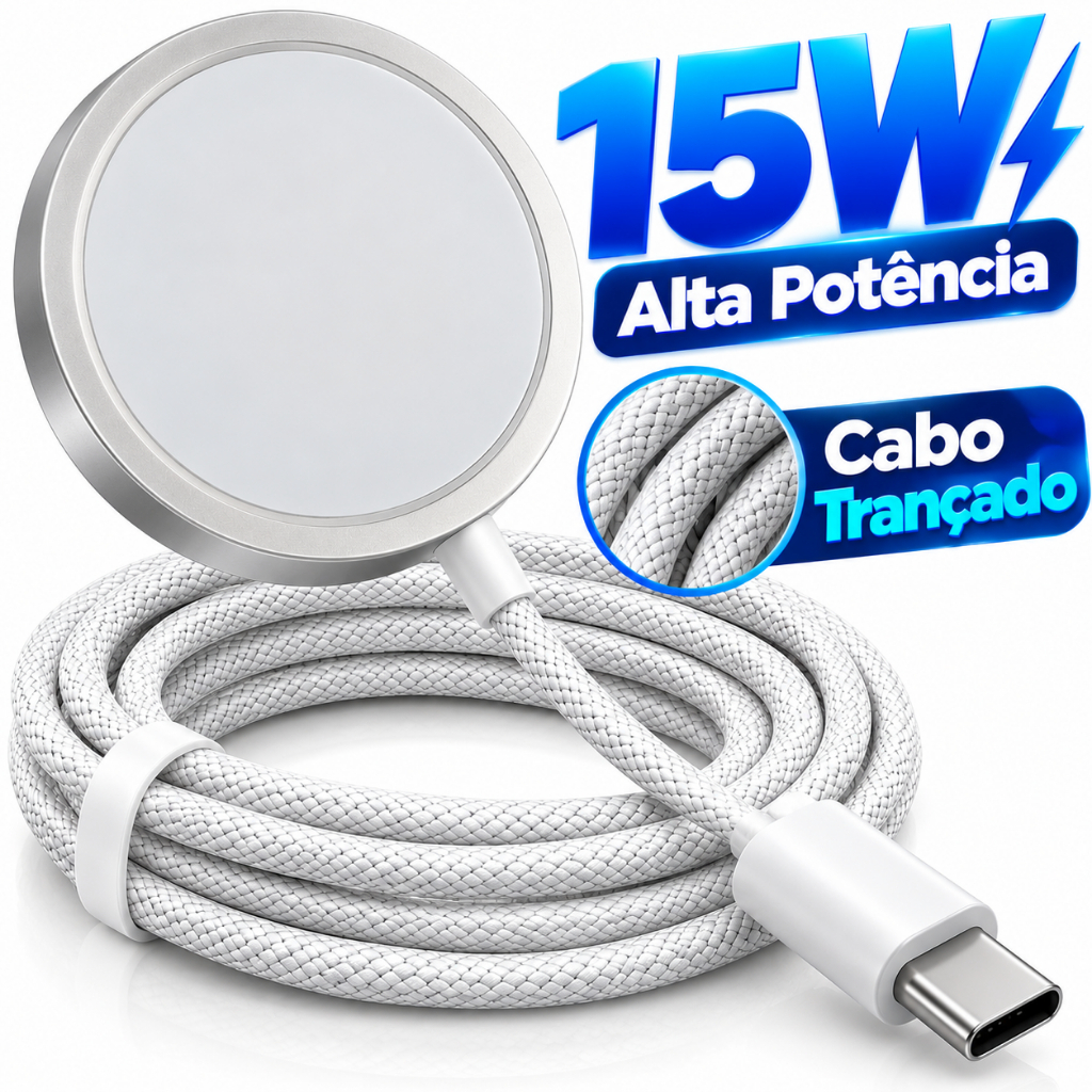 Carregador Magnético 15W MagSafe para iPhone 12 13 14 15 16 17 Pro Max Sem Fio Indução Cabo Tipo C USB-C Carga Rápida