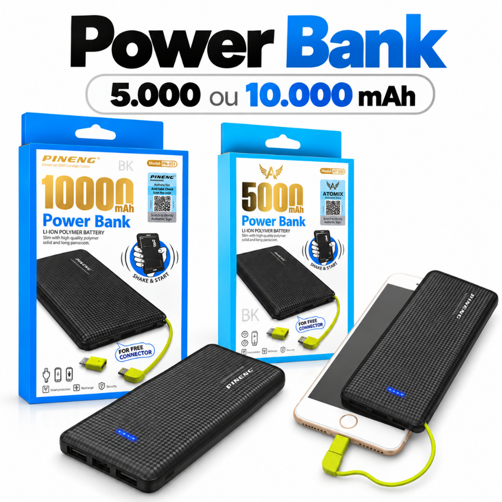 Carregador Portátil Pineng Power Bank 10.000mah 5000mah com adaptador iPhone Lightning USB Android