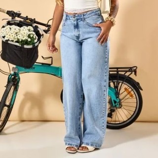 Calça Jeans Feminina Wide Leg Baggy Cintura Alta Lavagem Clara - Glitter Jeans