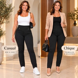 Calça Feminina Ponto Roma Cintura  Alta Com Bolsos Modelagem Confortável Zero transparência