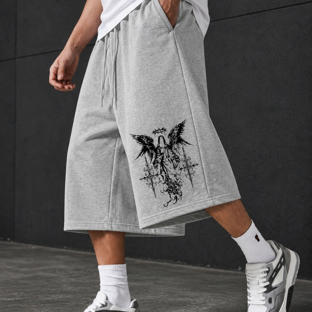 Bermudão Baggy Anjo Gótico Masculino Streetwear Oversized Estampado