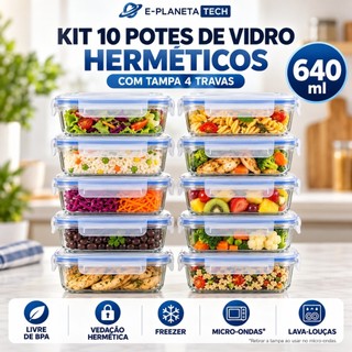 Kit 10 Potes Herméticos de Vidro 640ml Marmita Fit com Tampa 4 Travas Premium