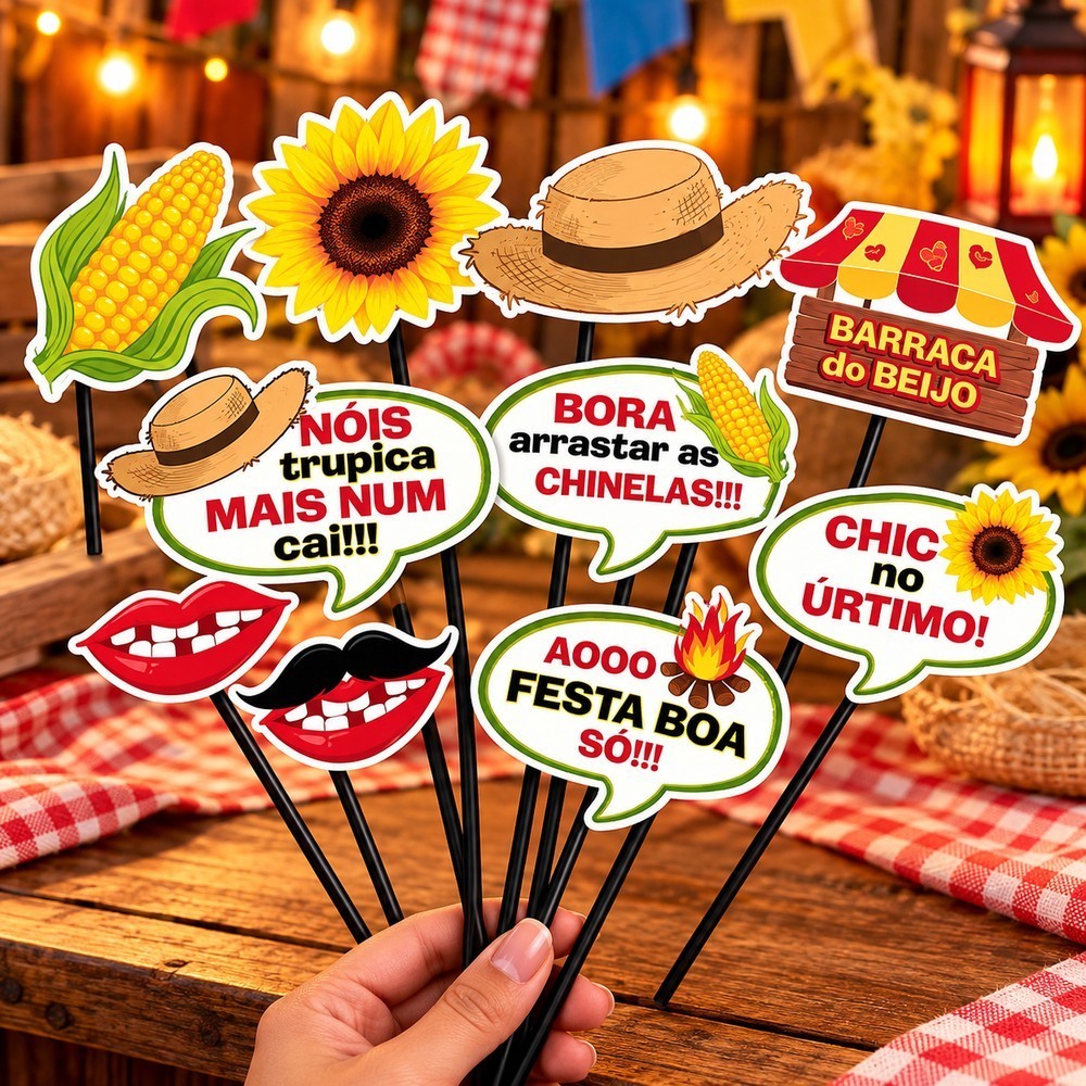 KIT 10 PLAQUINHAS DIVERTIDAS SELFIE FESTA JUNINA ARRAIAL (COD 54.19) (CHOCO)