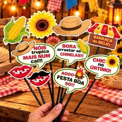 KIT 10 PLAQUINHAS DIVERTIDAS SELFIE FESTA JUNINA ARRAIAL (COD 54.19) (CHOCO)