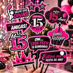 KIT 10 PLAQUINHAS DIVERTIDAS SELFIE ANIVERSÁRIO 15 ANOS DEBUTANTE (COD 11) (CHOCO)