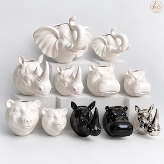 Vaso Cachepot Cabeça Animal Porcelana Pendurar Parede Decoração Elefante Rinoceronte Hipopótamo Urso